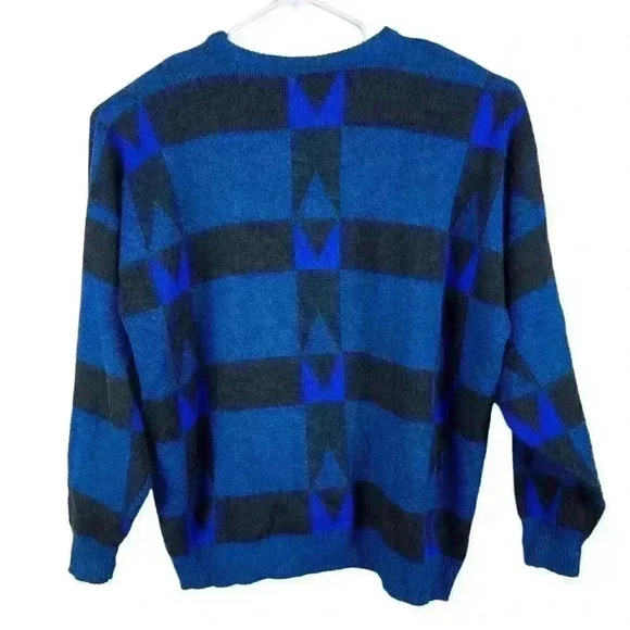 Bronzini Men's Blue Black Geometric‎ Pullover Sweater Size 1X 80s 90s Baggy - Picture 2 of 7